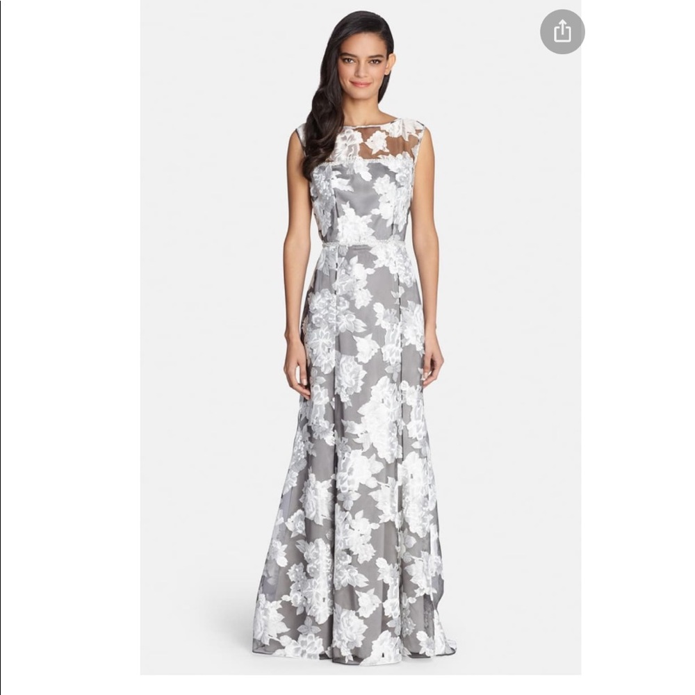 Tahari Grey and white floral organza evening gown